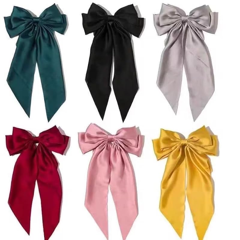 Jumbo Yellow Satin Hair Bow Clip with Long Tails French Barrette