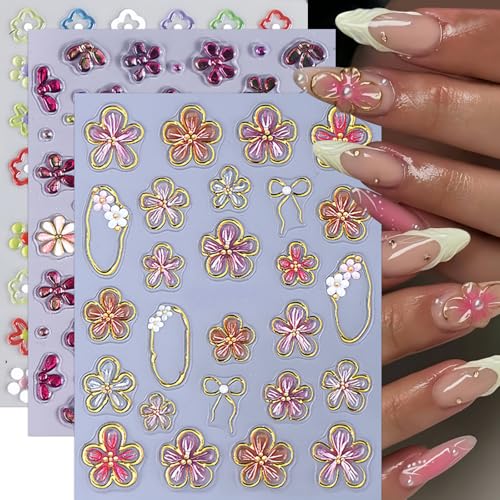 5D Embossed Flower Nail Art Stickers - Jelly Floral Daisy Decals (3 Sheets)