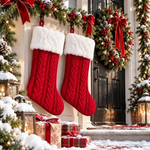 Red Knitted Christmas Stocking Set - White & Red Festive Holiday Decor