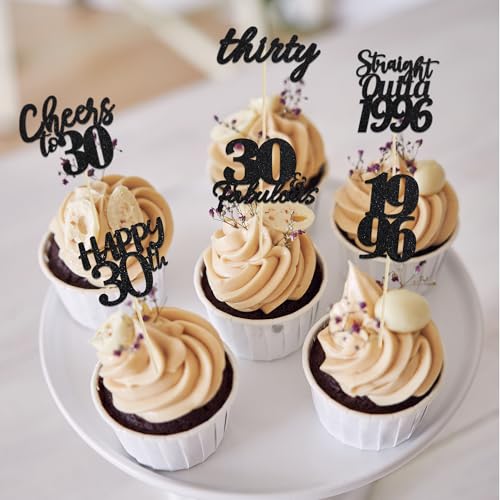 30th Birthday Cupcake Toppers - Set of 6 Black Glitter Decorations