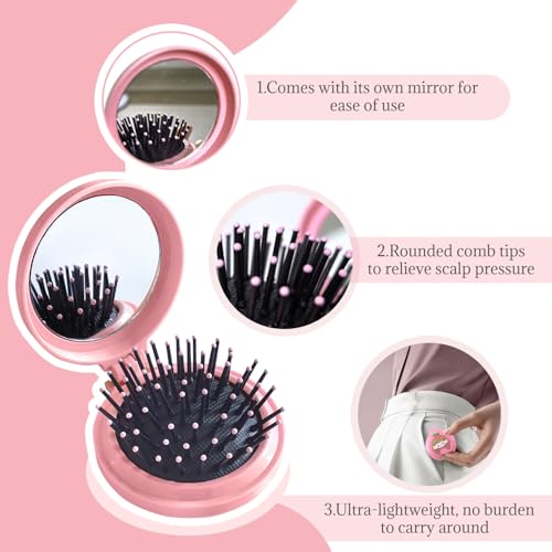 BOROLA Mini Folding Hair Brush with Mirror 2-Pack, Travel Pocket Air Cushion Comb