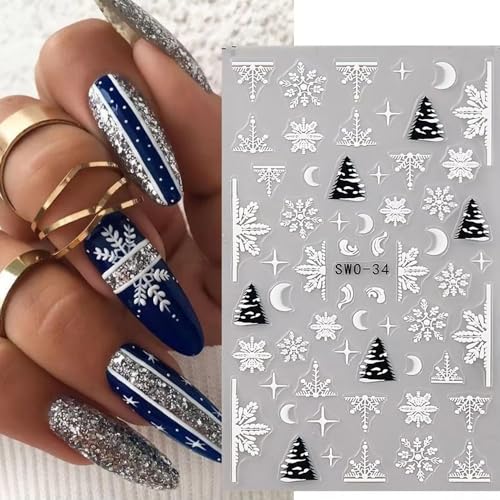 5D Christmas Nail Stickers Embossed Snowflake Decals 4 Sheets