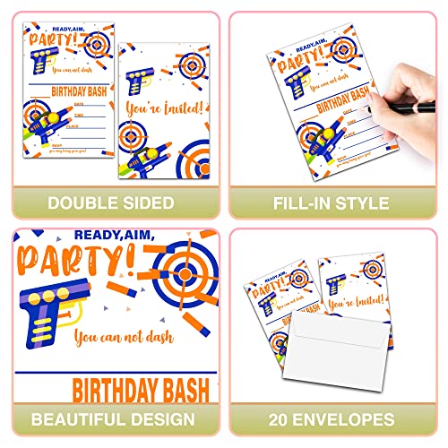 Dart Gun Birthday Invitations with Envelopes, Blasters Battle Theme 20 Pack