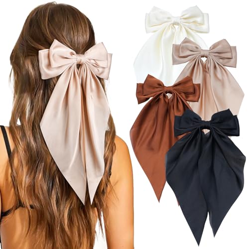 AWAYTR 4 Pcs Big Hair Bows for Women, Silky Satin Long Tail Barrette Clips