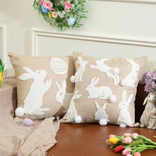 Easter Bunny Linen Throw Pillow Covers 18x18 Inch - Set of 2