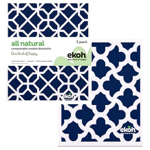 EKOH Swedish Dishcloths - Geometric Navy 2-Pack, Reusable Eco-Friendly