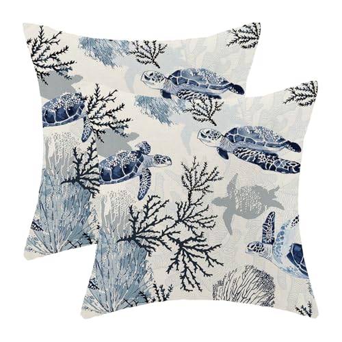 Navy Blue Coastal Pillow Covers 18x18 Inch Set of 2 with Sea Turtle Design