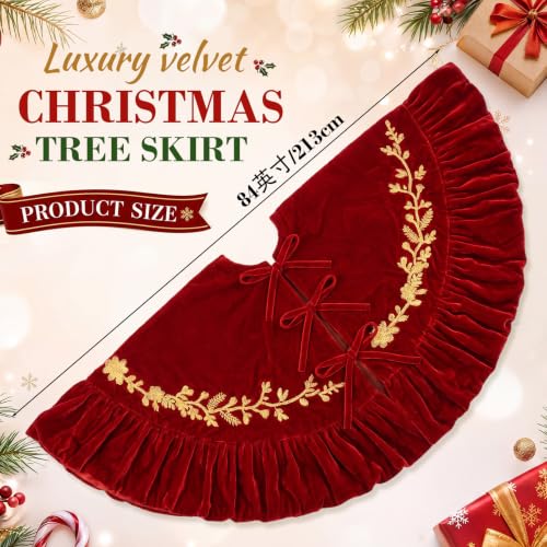84 Inch Burgundy Velvet Christmas Tree Skirt with Gold Embroidery - Xmas Decoration