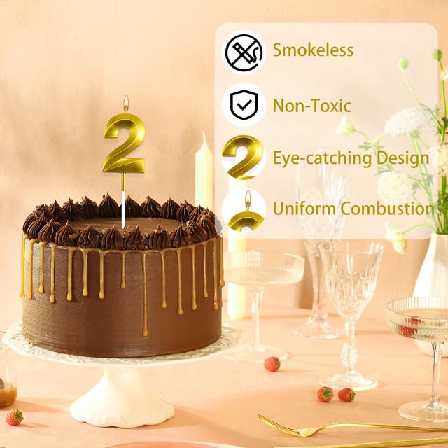 Gold Number 2 Birthday Candle for Cake Decorations