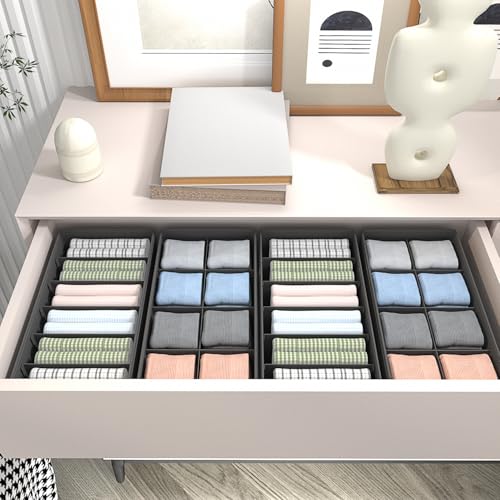 A-Grey 4 Pack Sock & Underwear Drawer Organizer Dividers - Collapsible Closet Storage