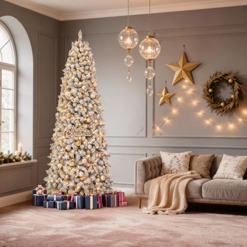 Pre-Lit Flocked Pencil Christmas Tree 7.5ft with 350 Lights and Remote - White / 7ft 6in