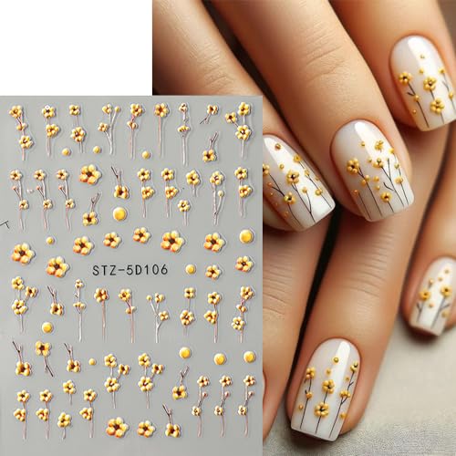 5D Embossed Flower Nail Stickers - Daisy Floral Decals 4 Sheets