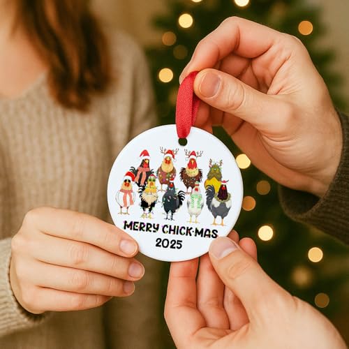 Merry Chick-Mas 2025 Ceramic Chicken Ornament - Farmhouse Decor
