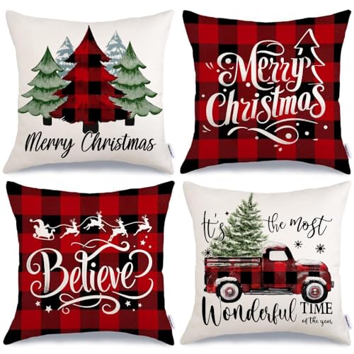 GEEORY Merry Christmas Throw Pillow Covers Set of 4, 18x18 Inch Multicolor