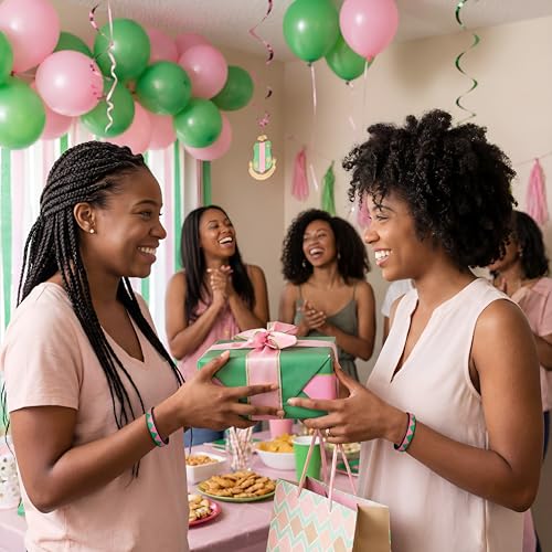 Wettarn 24 Pcs Pink & Green Silicone Friendship Bracelets for Sorority