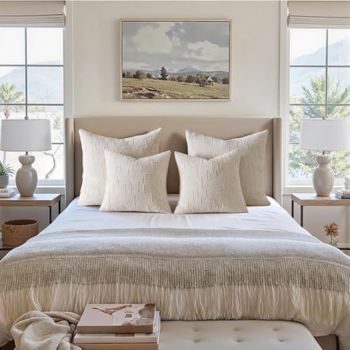 VISIONTEX Textured Chenille Throw Pillow Covers, 18x18 Beige Set of 2