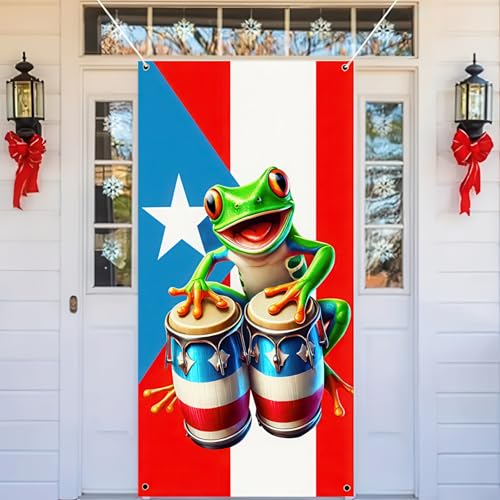 BlissYard Puerto Rico Door Cover 35x71 Inch Frog Drum Banner