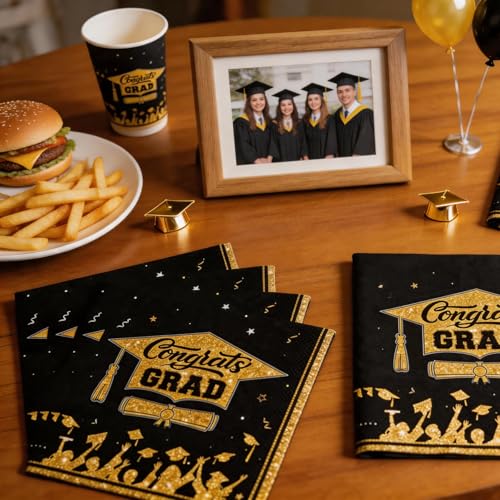 Graduation Napkins Class of 2026 - 20 Pcs Black & Gold Disposable