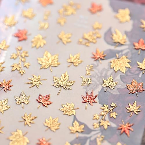 5D Embossed Autumn Maple Leaves Nail Stickers Gold Thanksgiving Decals