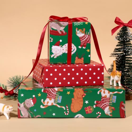 Reversible Christmas Cat Wrapping Paper Roll - 17 x 33 Ft, Holiday Gift Wrap, Pet Lover Gift Wrap, Pack of 1