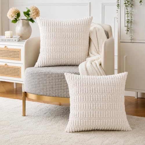 Aegero Pack of 2 Cream White Corduroy 16x16 Inch Decorative Throw Pillow Covers