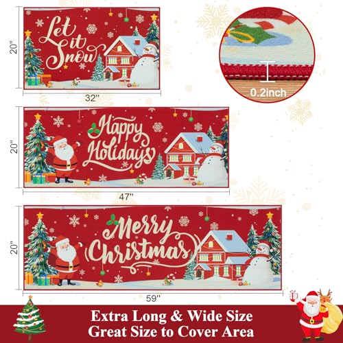 Santa and Snowman Christmas Kitchen Rugs Set of 3 - 1'8" x 4'11" Runner