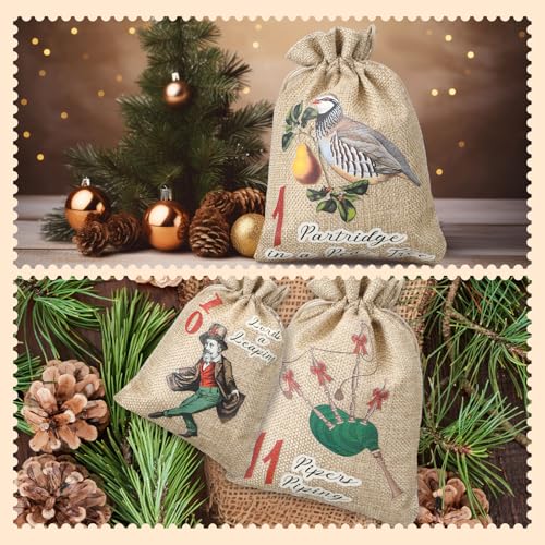 12Pcs 12 Days Christmas Countdown Advent Calendar Bags Classic - Reusable Burlap Holiday Decor