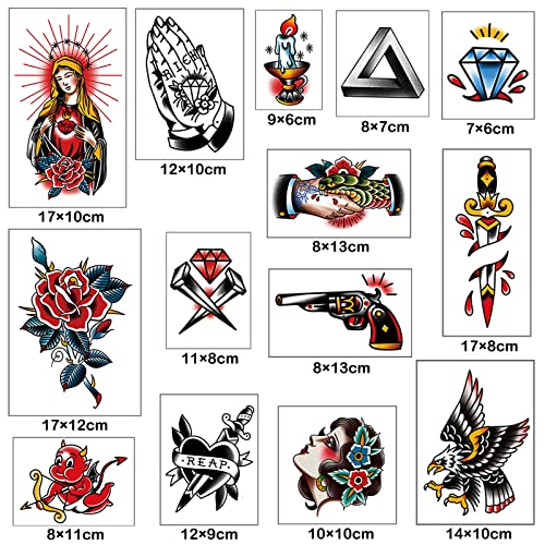 Vintage Temporary Tattoos for Men and Women - 14 Sheets Fake Old School Design