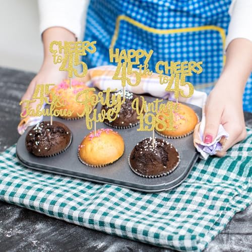30PCS 45th Birthday Cupcake Toppers Vintage 1981 Gold Glitter Picks