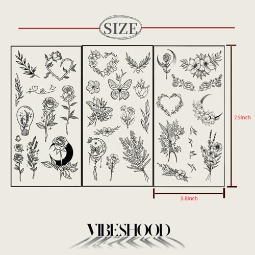 VibesHood Large Temporary Tattoos - Waterproof Flower, Heart & Moon Designs