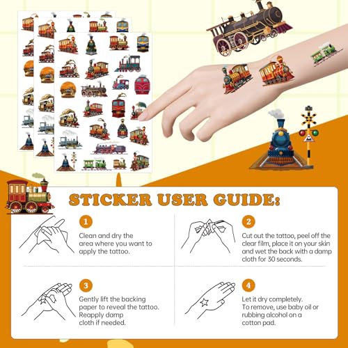 Vintage Train Temporary Tattoos - 8 Sheets Steam Train Party Favors