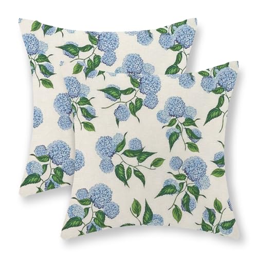 GOLIANDA Hydrangea Floral Linen Pillow Covers 18x18, Set of 2, Blue Green