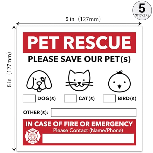 Pet Alert Safety Fire Rescue Stickers - 5 Pack Vinyl Decals