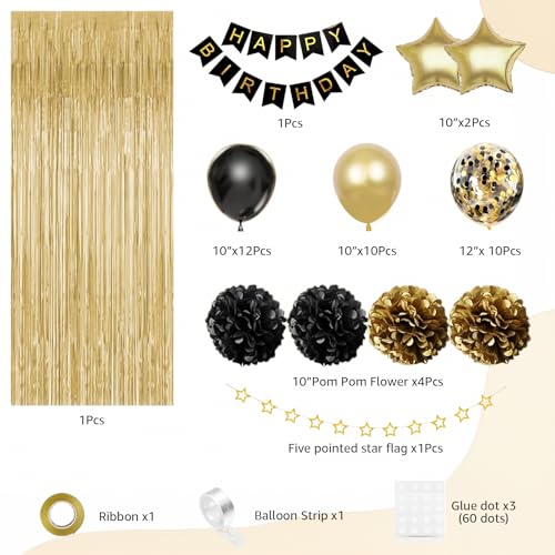 Black and Gold Birthday Decorations Kit with Balloons, Banner, and Backdrop