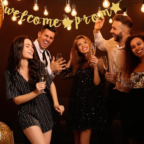 Welcome Prom Gold Glitter Banner Decoration with Stars Photo Prop