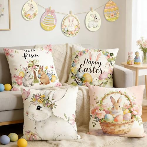 Easter Pillow Covers Set of 4 - 18x18 Inch Bunny & Egg Designs
