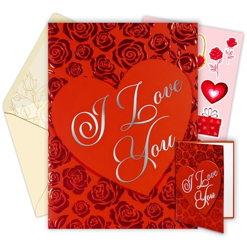 Elegant Red Foil Embossed 5x7 Valentine Card Set with Stickers