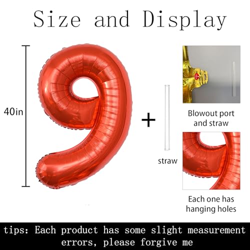 40 Inch Red Number 9 Foil Balloon for Birthday Parties
