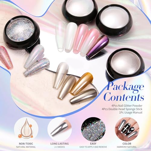Born Pretty Pearl Chrome Nail Powder Set - 4 Boxes Holographic Glitter Pigment