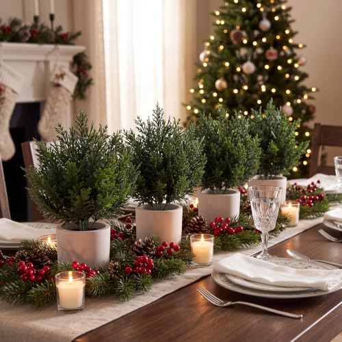8 Pack Christmas Small Artificial Cedar Bush Tree - White Variation