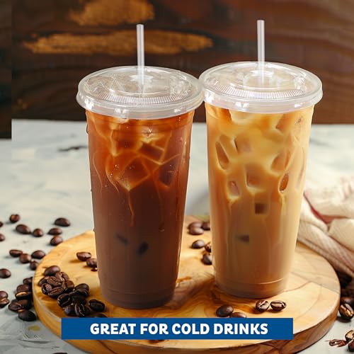 Freshware Clear Plastic Cups with Flat Lids and Straws [100 Cups - 24 oz] Disposable Tumblers for Iced Coffee, Smoothie, Milkshake, Cold Drinks