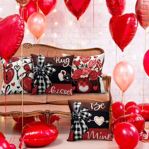 Valentine's Day Throw Pillow Covers 18x18, Buffalo Plaid Set of 4