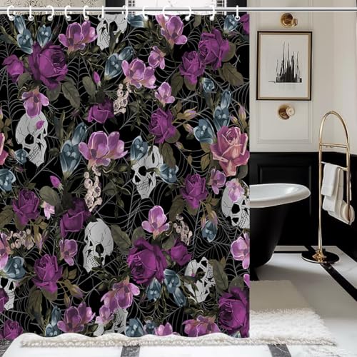 Floral Vintage Halloween Shower Curtain Set - Skull & Rose, 72x72 Inch, Waterproof, Floral5