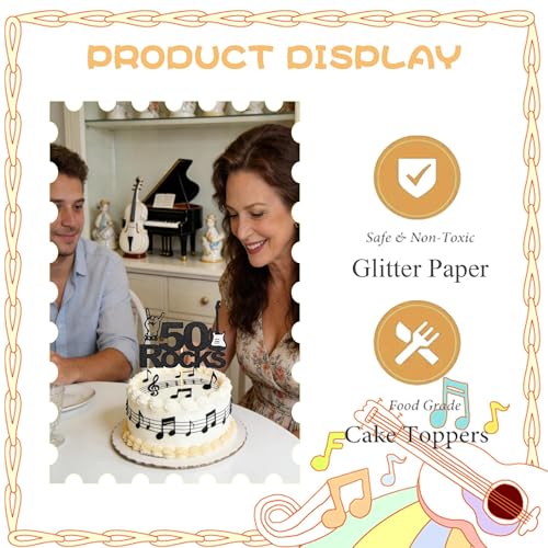 50th Birthday Cake Topper - Black Glitter Rock Guitar Decor