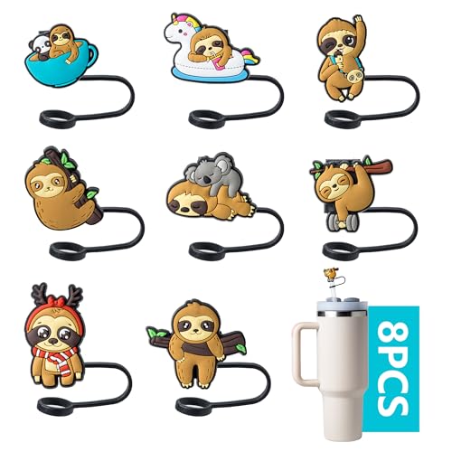 8-Piece Sloth Covers for Stanley Cup, 0.4in/10mm Diameter Straw Toppers Cap,Compatible with Stanley 20 30&40 0z Cup, Dust-Proof Straw Caps for Water Bottle