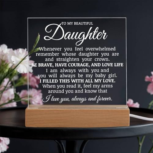 LED Square Acrylic Plaque - Inspirational Gift for Daughter with Wooden Base