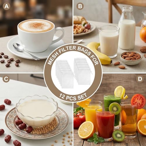 Canumer 12-Pack Nut Milk Bags, 200 Mesh Nylon Strainer Bags 12x8"