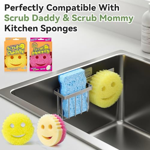 LANDNEOO Silver Sink Sponge Holder with 2 Mounting Options - Rustproof Kitchen Organizer