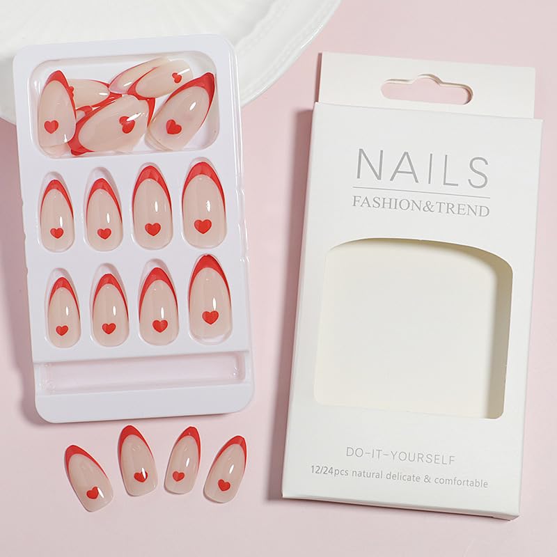 Valentines Press-On Nails Medium French Tip Heart Red Acrylic Fake Nails