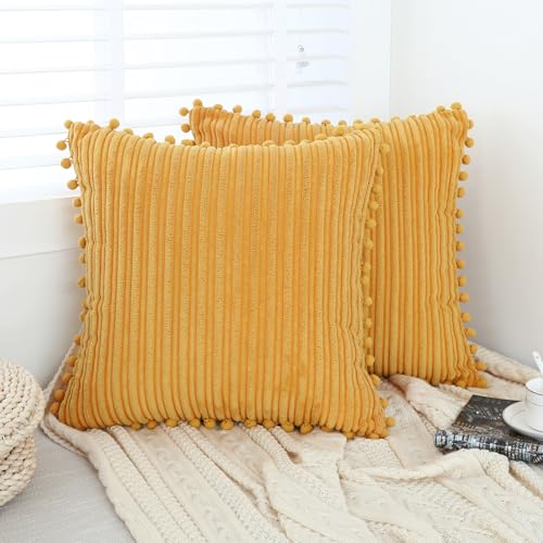 Yellow Corduroy Throw Pillow Covers 18x18 Set of 4 - Soft & Stylish